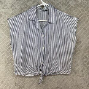 Liz Thomas Shirt Womens White Navy Blue Stripes Button Up Sleeveless Vintage 90s
